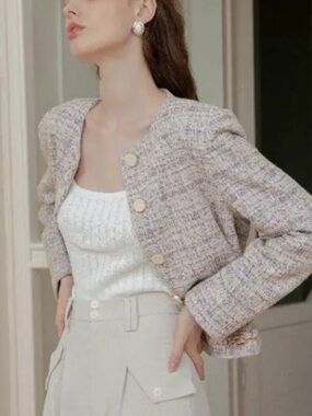 Petite Studio NYC Emerson Tweed Jacket Size XS Purple Cream Gold Accents Classic